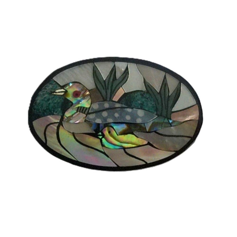 Vintage Mother of Pearl Abalone Inlay Duck Family Pin 80s Mosaic Shell Brooch